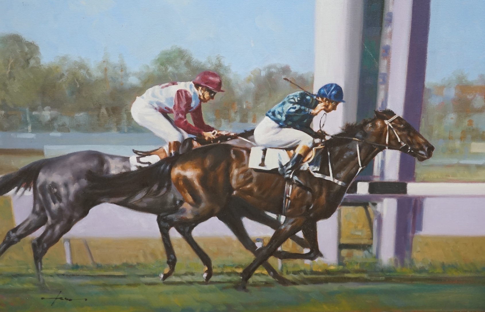 Graham Isom (b.1945), oil on canvas, Horse racing scene, 50 x 75cm. Condition - fair to good, a few minor light scuffs